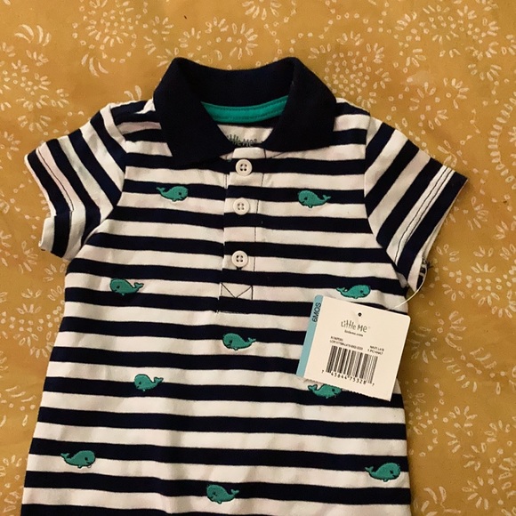 NWT Little Me 6 Month Stiped Polo Style Onesie Romper Whales - Picture 2 of 4
